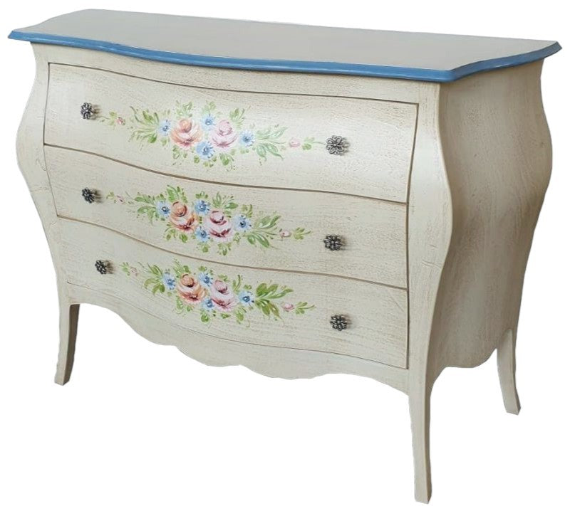 Cassettiera sagomata 3 cassetti legno shabby avorio anticato decori 99x41x85 - Mobili 2G