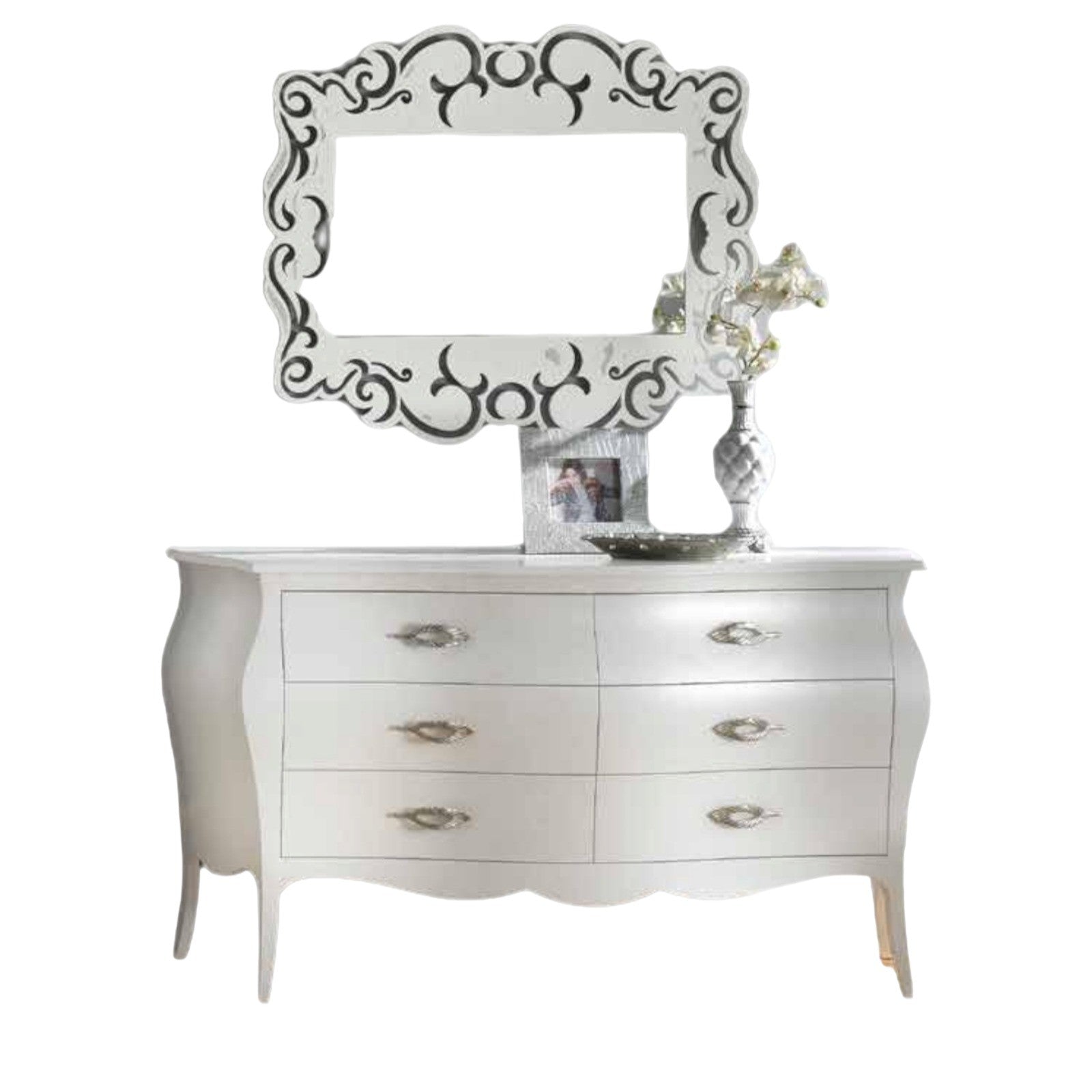 ComÒ bombato classico 6 cassetti shabby bianco opaco 162x58x85 - Mobili 2G