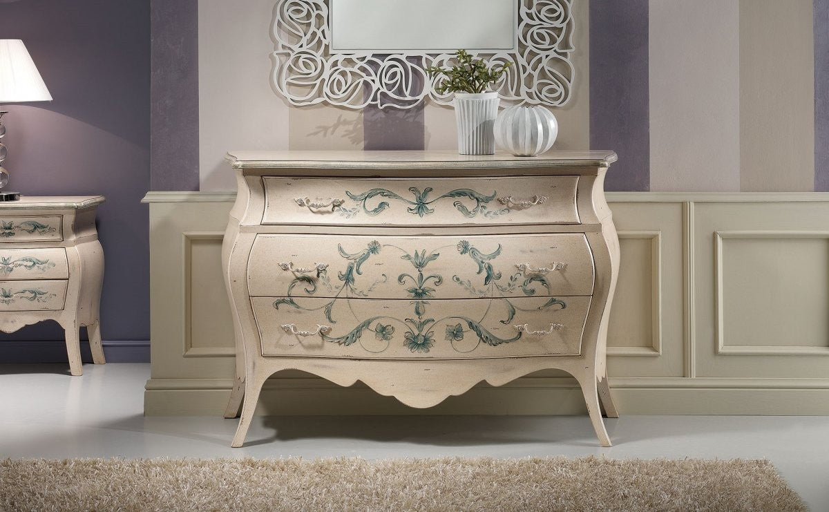 Comò bombato shabby legno avorio decori floreali 130x55x88 (1368) - Mobili 2G