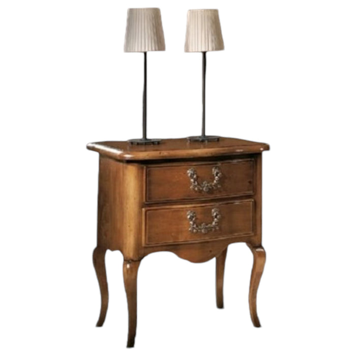 Comodino 2 cassetti sagomato in legno masselo tinta noce l.57 p.38 h.68 - Mobili 2G