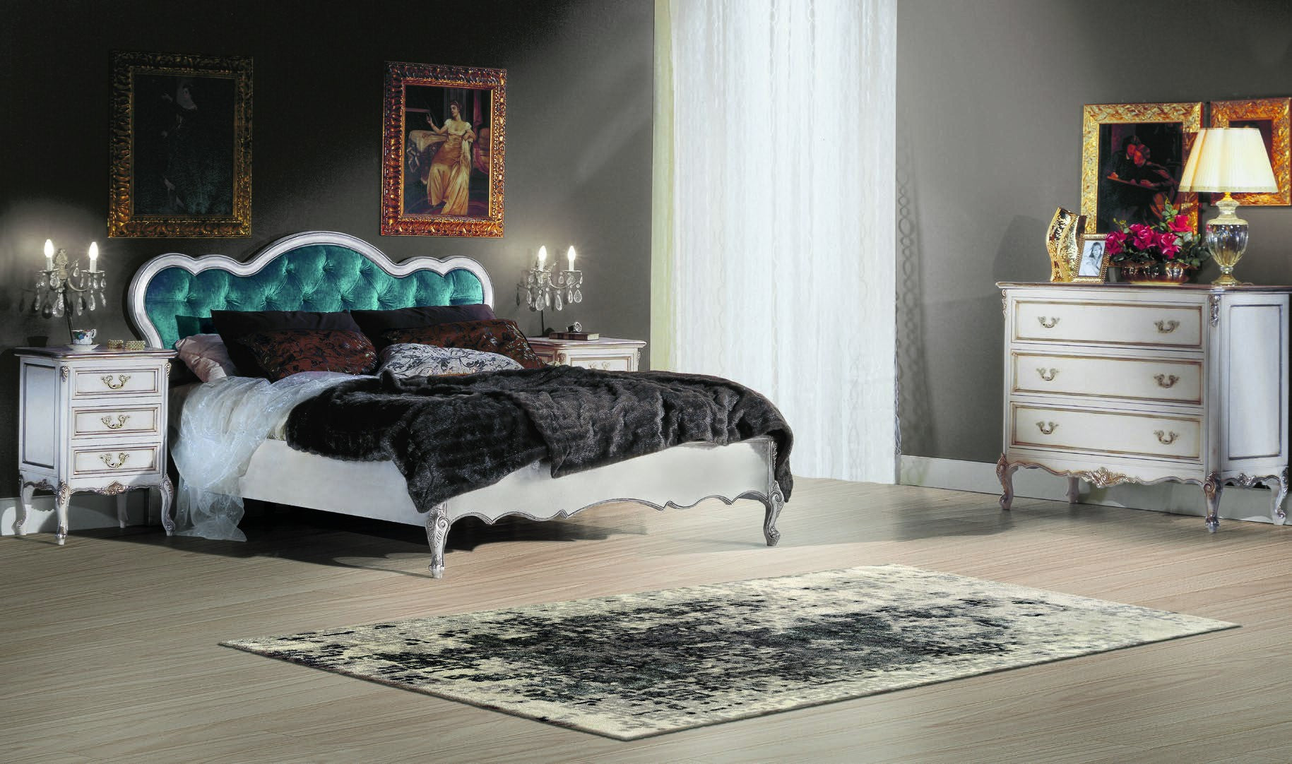 Comodino 3 cassetti classico legno shabby bianco argento 56x43x76 - Mobili 2G