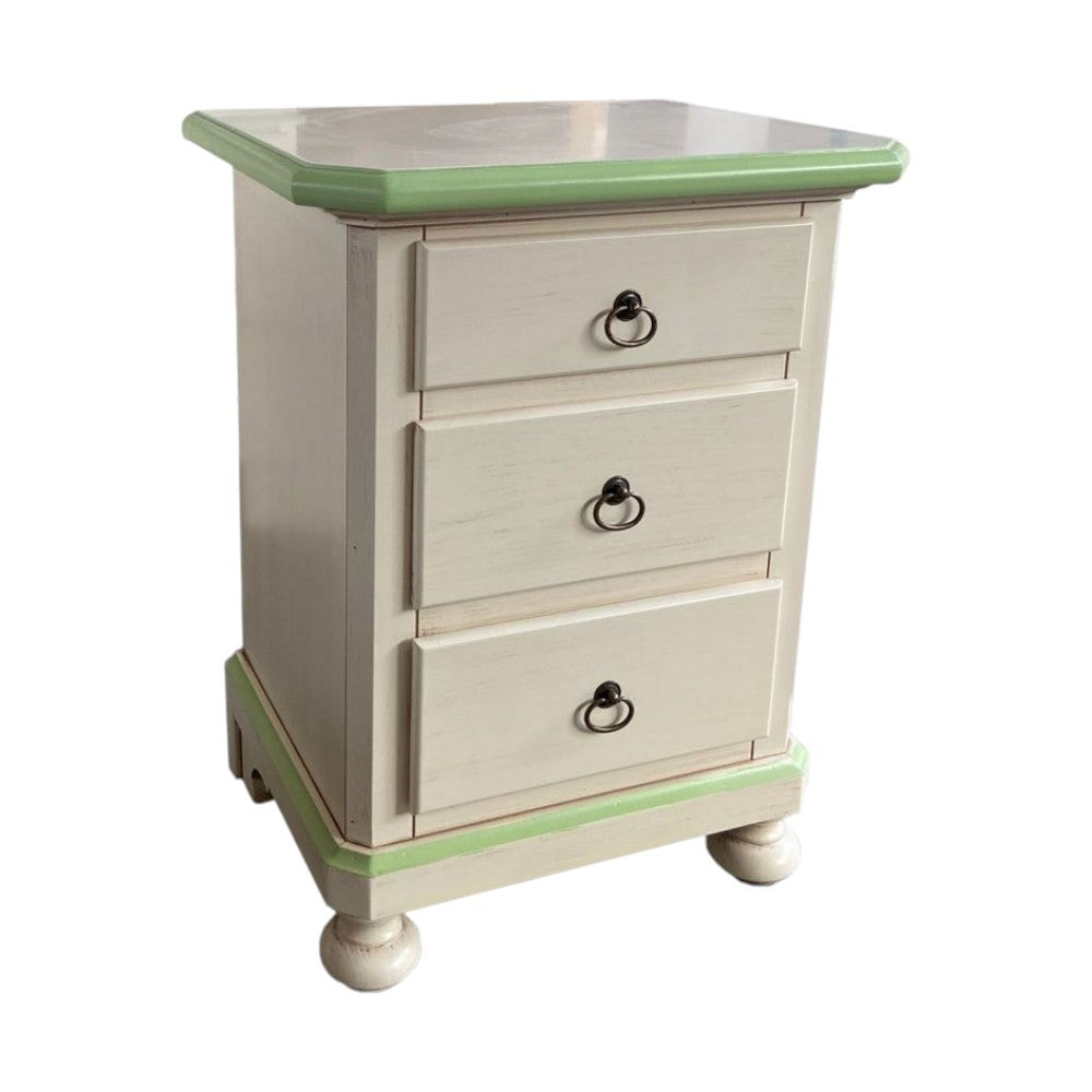 Comodino 3 cassetti legno shabby avorio anticato decori filo verde 51x40x66 - Mobili 2G
