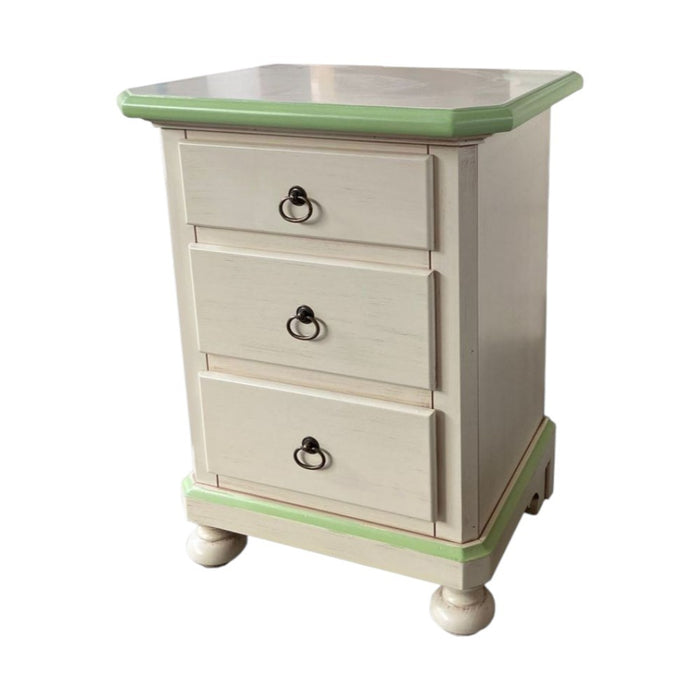 Comodino 3 cassetti legno shabby avorio anticato decori filo verde 51x40x66 - Mobili 2G