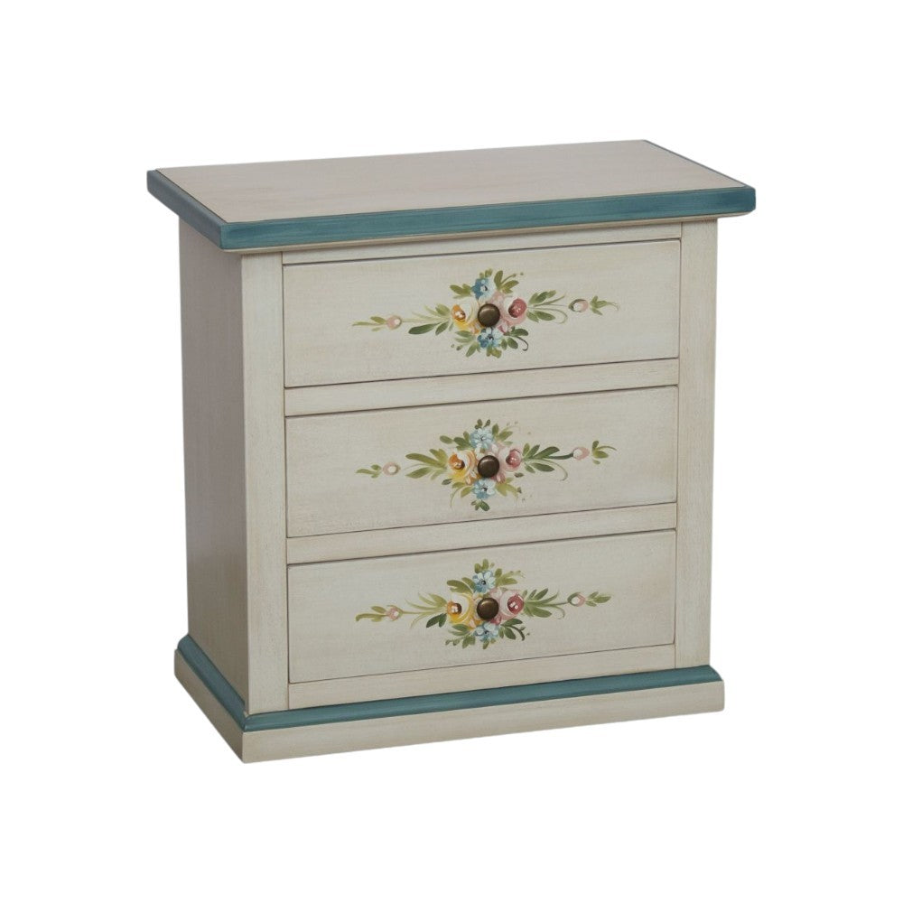 Comodino 3 cassetti legno shabby bianco anticato decori filo azzurro 60x35x64 - Mobili 2G