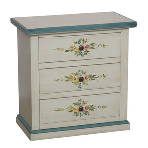 Comodino 3 cassetti legno shabby bianco anticato decori filo azzurro 60x35x64 - Mobili 2G
