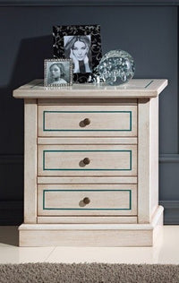 Comodino 3 cassetti legno shabby bianco anticato decori filo azzurro 60x35x64 - Mobili 2G