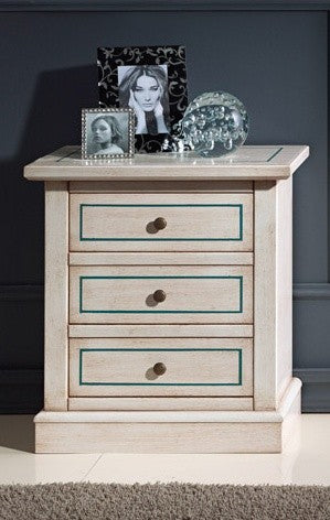 Comodino 3 cassetti legno shabby bianco anticato decori filo azzurro 60x35x64 - Mobili 2G