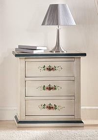 Comodino 3 cassetti legno shabby bianco anticato decori filo azzurro 60x35x64 - Mobili 2G