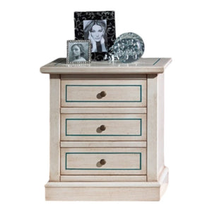 Comodino 3 cassetti legno shabby bianco anticato decori filo azzurro 60x35x64 - Mobili 2G