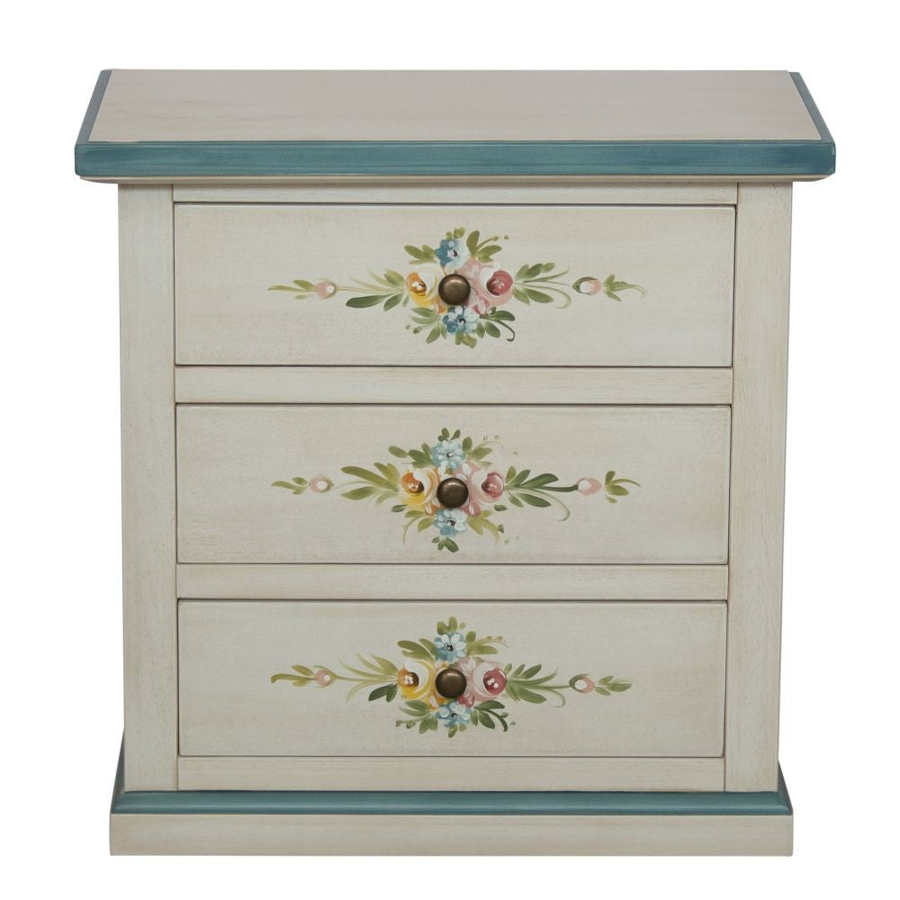 Comodino 3 cassetti legno shabby bianco anticato decori filo azzurro 60x35x64 - Mobili 2G
