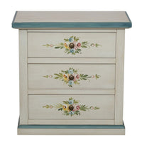 Comodino 3 cassetti legno shabby bianco anticato decori filo azzurro 60x35x64 - Mobili 2G