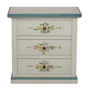 Comodino 3 cassetti legno shabby bianco anticato decori filo azzurro 60x35x64 - Mobili 2G