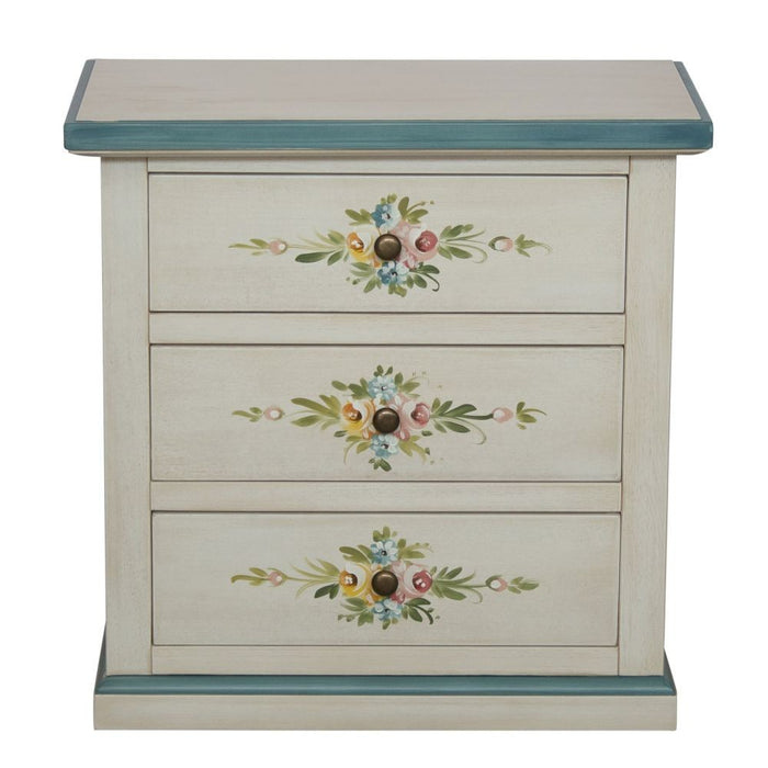 Comodino 3 cassetti legno shabby bianco anticato decori filo azzurro 60x35x64 - Mobili 2G
