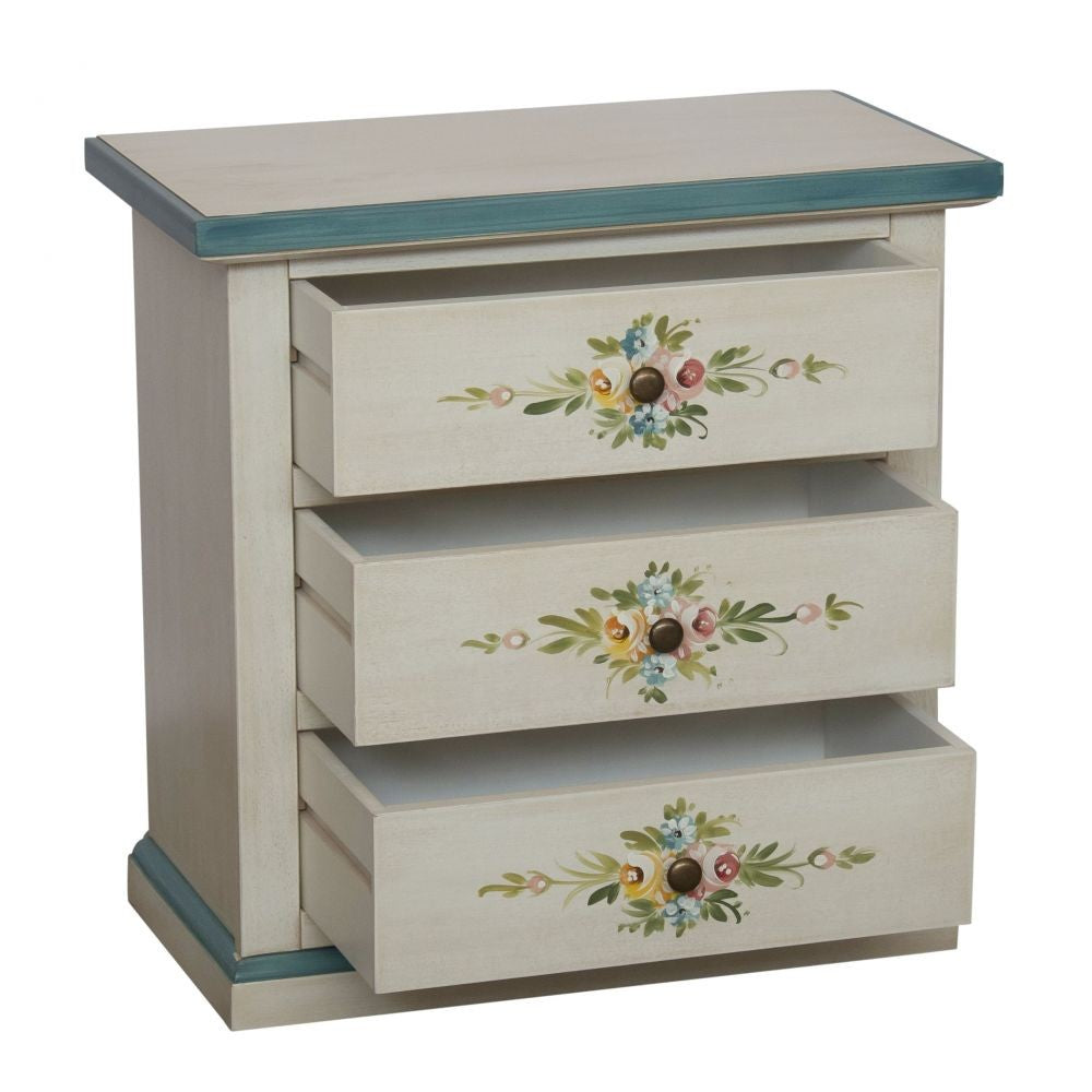 Comodino 3 cassetti legno shabby bianco anticato decori filo azzurro 60x35x64 - Mobili 2G