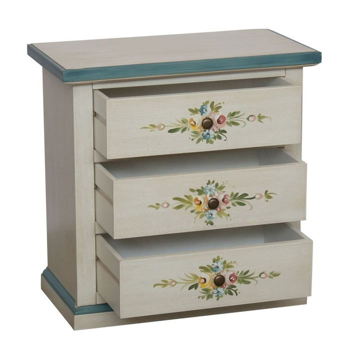 Comodino 3 cassetti legno shabby bianco anticato decori filo azzurro 60x35x64 - Mobili 2G