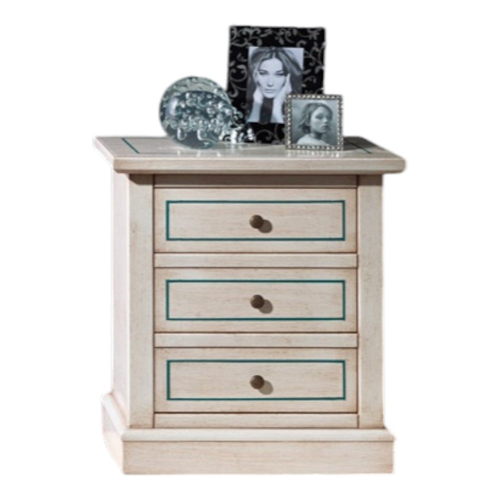 Comodino 3 cassetti legno shabby bianco anticato decori filo azzurro 60x35x64 - Mobili 2G