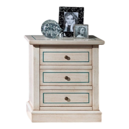 Comodino 3 cassetti legno shabby bianco anticato decori filo azzurro 60x35x64 - Mobili 2G