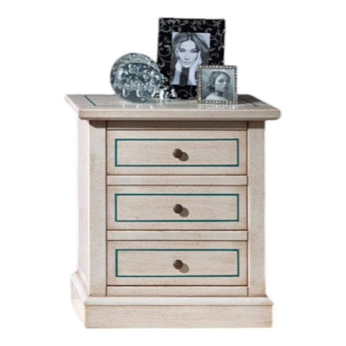Comodino 3 cassetti legno shabby bianco anticato decori filo azzurro 60x35x64 - Mobili 2G