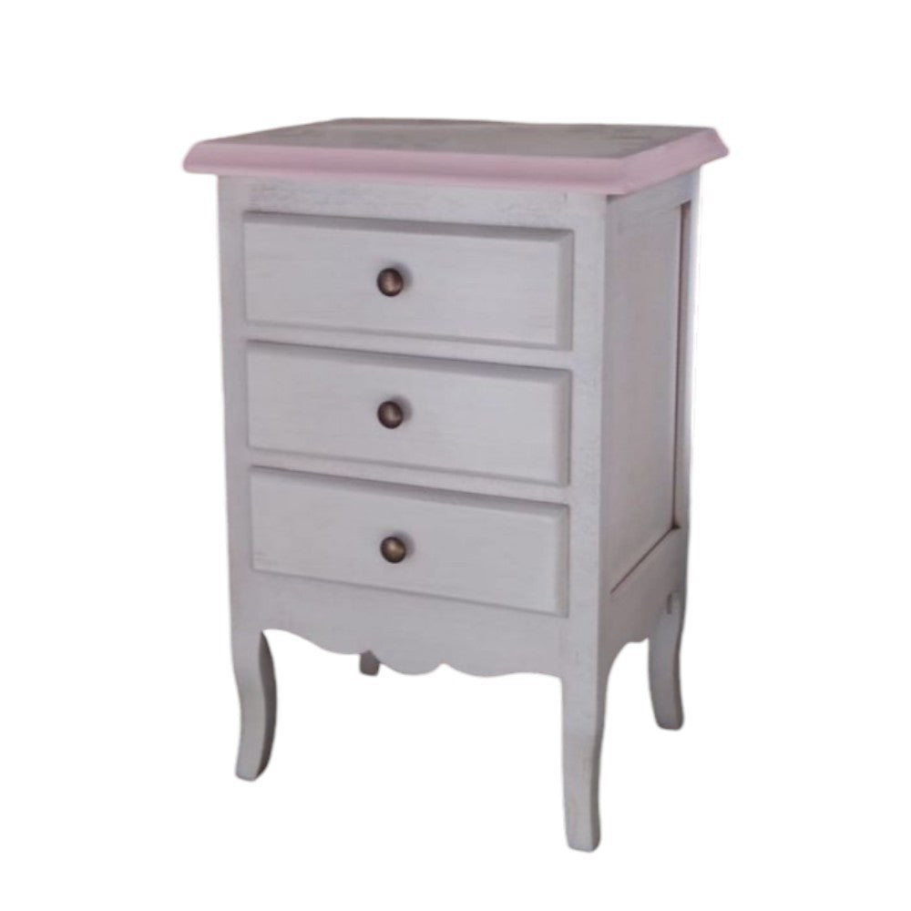 Comodino 3 cassetti legno shabby bianco anticato decori filo rosa 42x34x64 - Mobili 2G