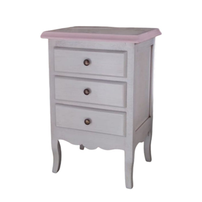 Comodino 3 cassetti legno shabby bianco anticato decori filo rosa 42x34x64 - Mobili 2G