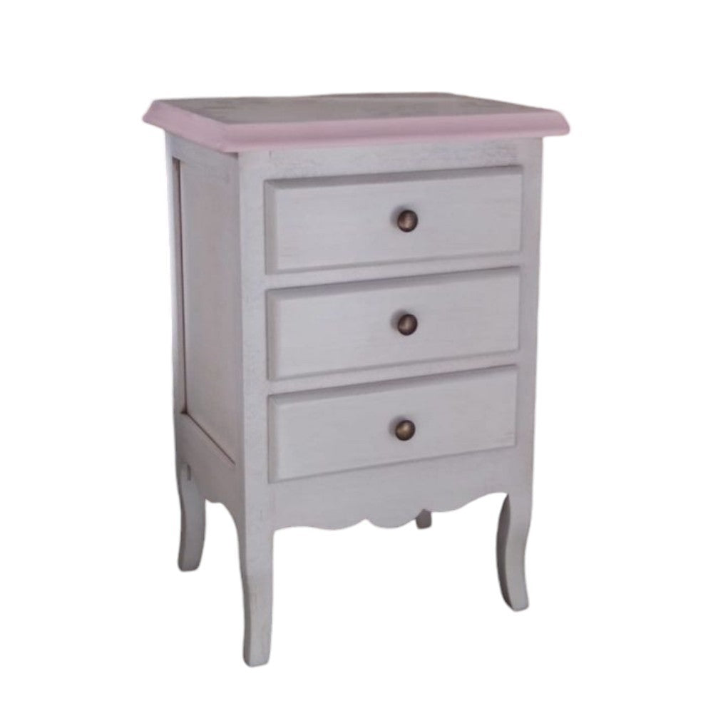 Comodino 3 cassetti legno shabby bianco anticato decori filo rosa 42x34x64 - Mobili 2G