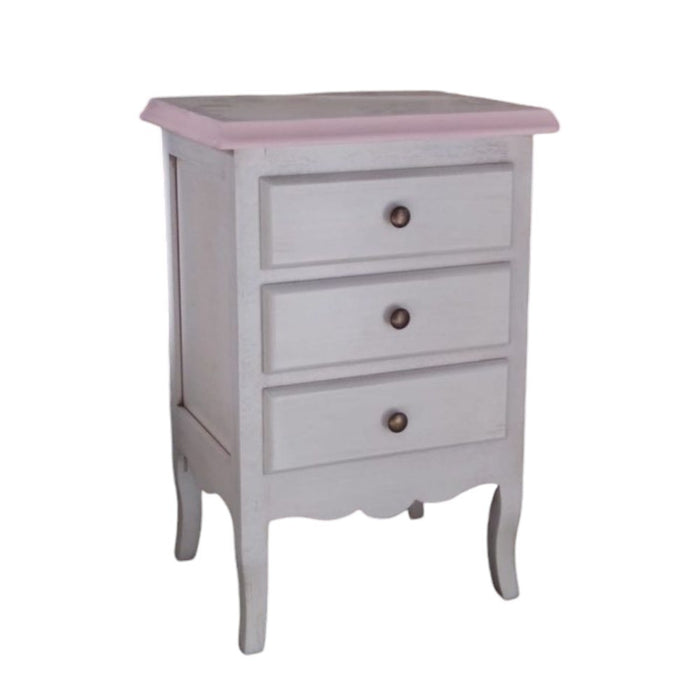 Comodino 3 cassetti legno shabby bianco anticato decori filo rosa 42x34x64 - Mobili 2G
