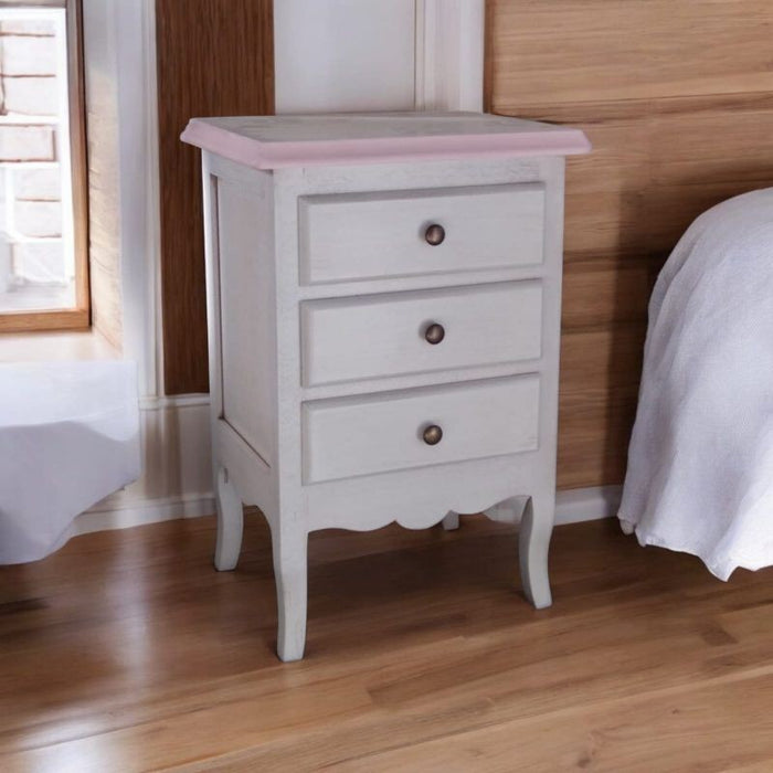 Comodino 3 cassetti legno shabby bianco anticato decori filo rosa 42x34x64 - Mobili 2G