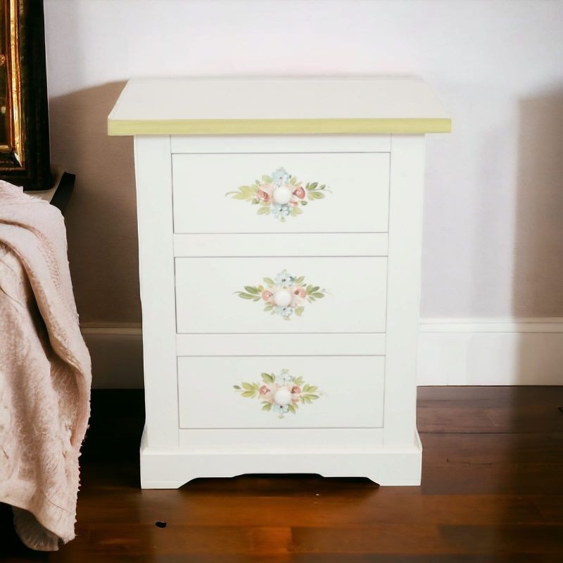 Comodino 3 cassetti legno shabby bianco decori filo verde 60x35x64 - Mobili 2G