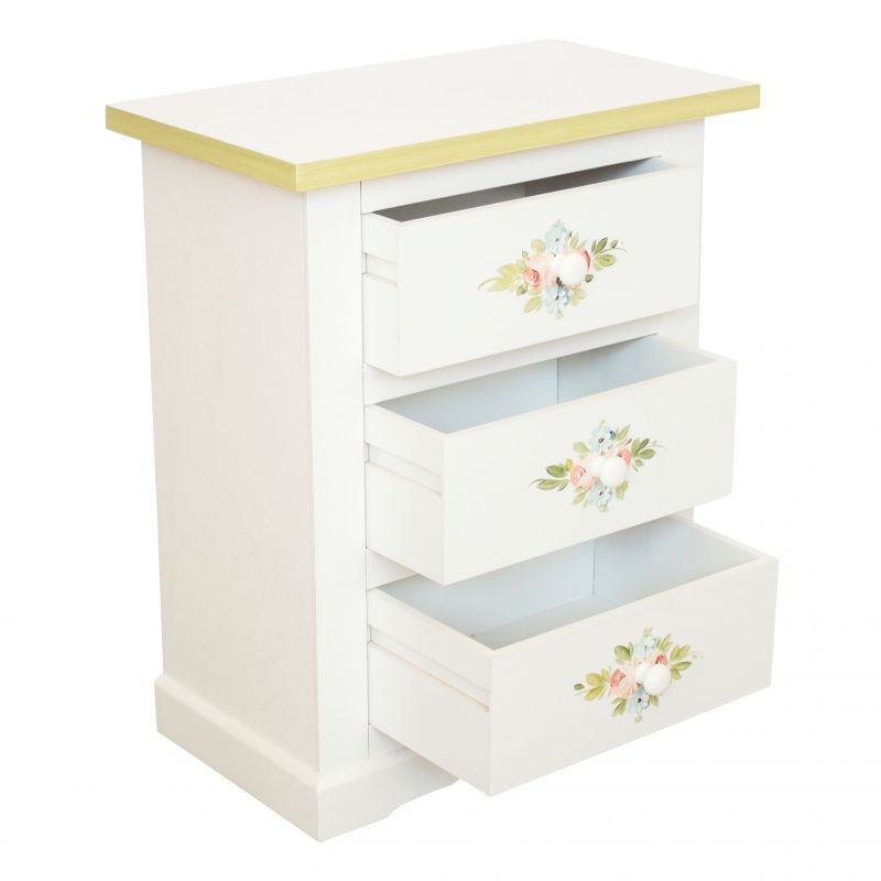 Comodino 3 cassetti legno shabby bianco decori filo verde 60x35x64 - Mobili 2G