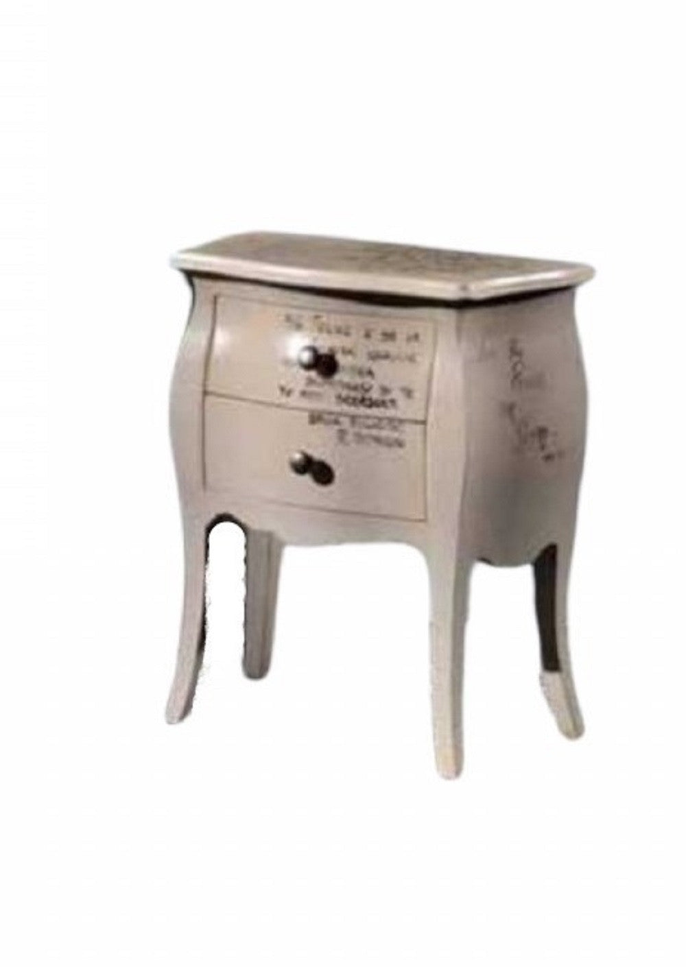 Comodino bombato shabby avorio patinato scritte 50x30x60