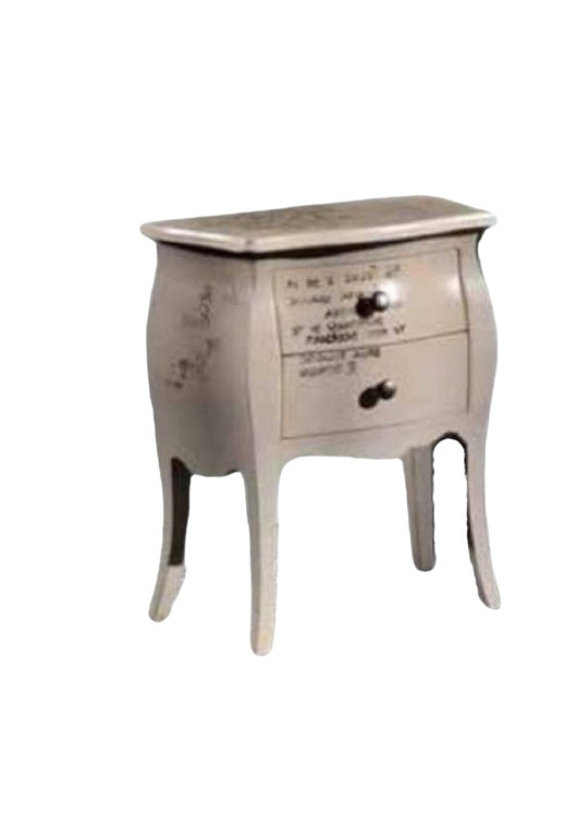 Comodino bombato shabby avorio patinato scritte 50x30x60