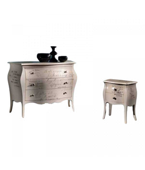 Comodino bombato shabby avorio patinato scritte 50x30x60