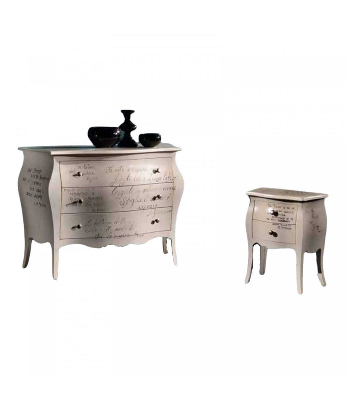 Comodino bombato shabby avorio patinato scritte 50x30x60