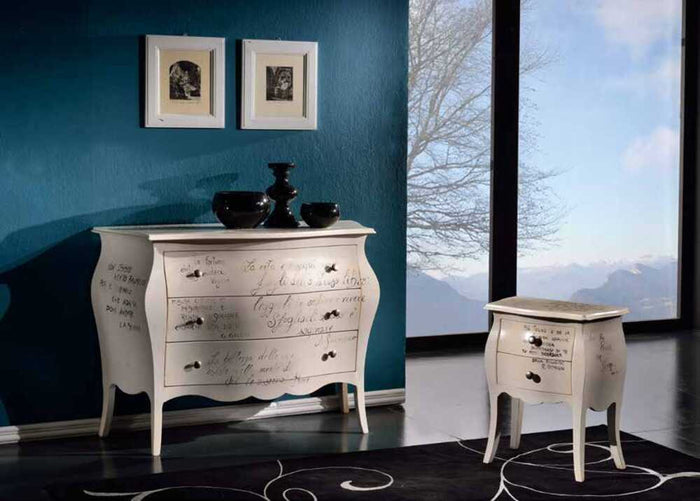 Comodino bombato shabby avorio patinato scritte 50x30x60