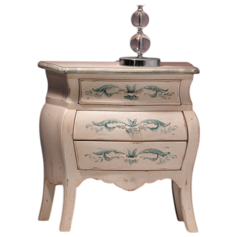 Comodino bombato shabby legno avorio decori floreali 62x32x65 (1369) - Mobili 2G