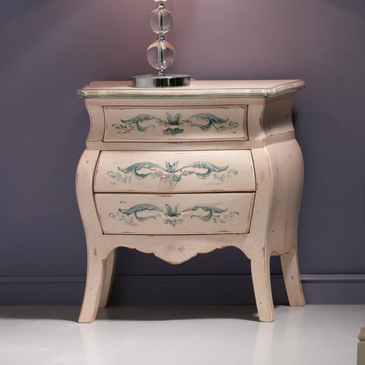 Comodino bombato shabby legno avorio decori floreali 62x32x65 (1369) - Mobili 2G