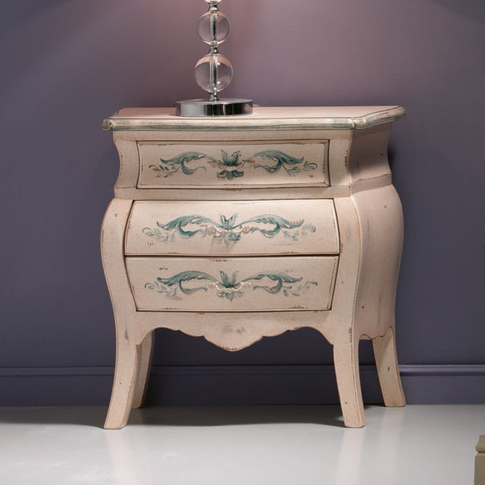 Comodino bombato shabby legno avorio decori floreali 62x32x65 (1369) - Mobili 2G