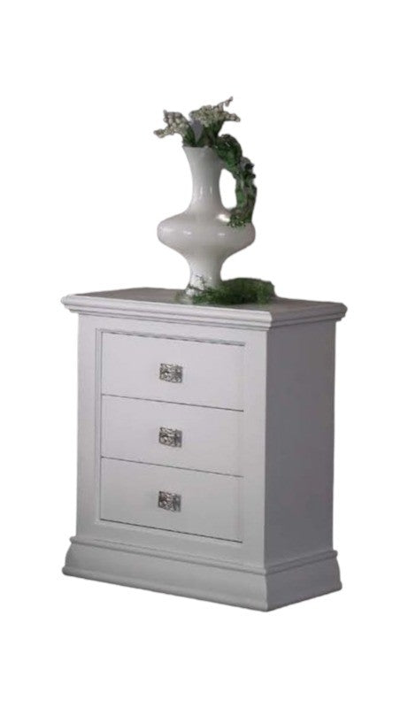 Comodino classico 3 cassetti legno shabby bianco 61x38x74