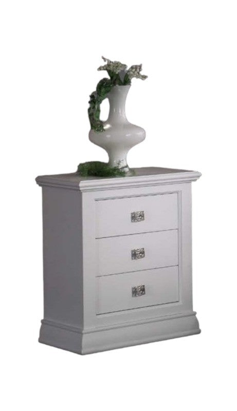 Comodino classico 3 cassetti legno shabby bianco 61x38x74