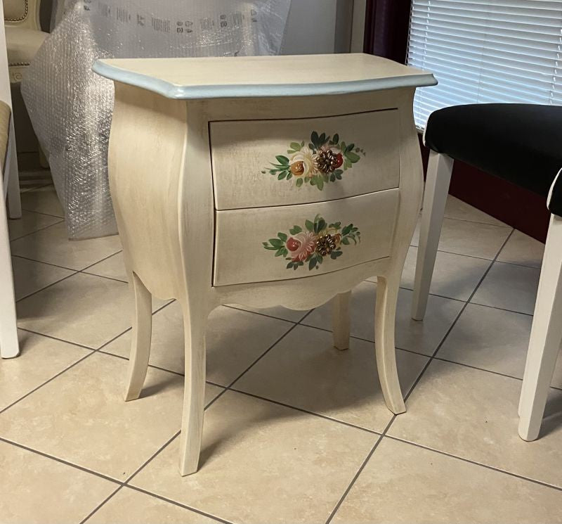 Comodino legno shabby avorio anticato decori filo azzurro 50x30x60 - Mobili 2G