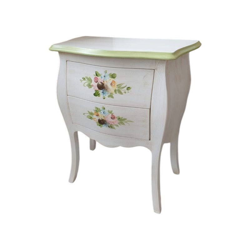 Comodino legno shabby bianco anticato decori filo verde 50x30x60 - Mobili 2G