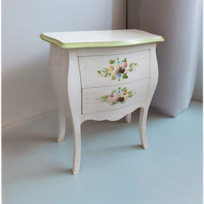 Comodino legno shabby bianco anticato decori filo verde 50x30x60 - Mobili 2G