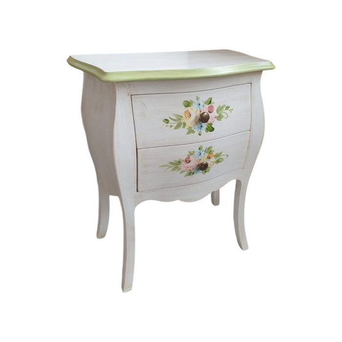 Comodino legno shabby bianco anticato decori filo verde 50x30x60 - Mobili 2G