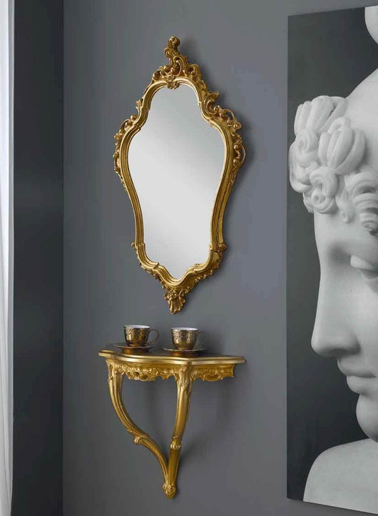 Consolle barocca sospesa con specchio in foglia oro