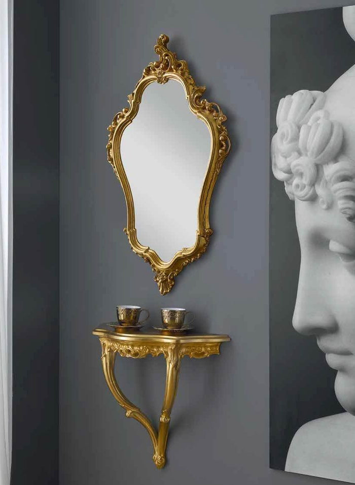 Consolle barocca sospesa con specchio in foglia oro