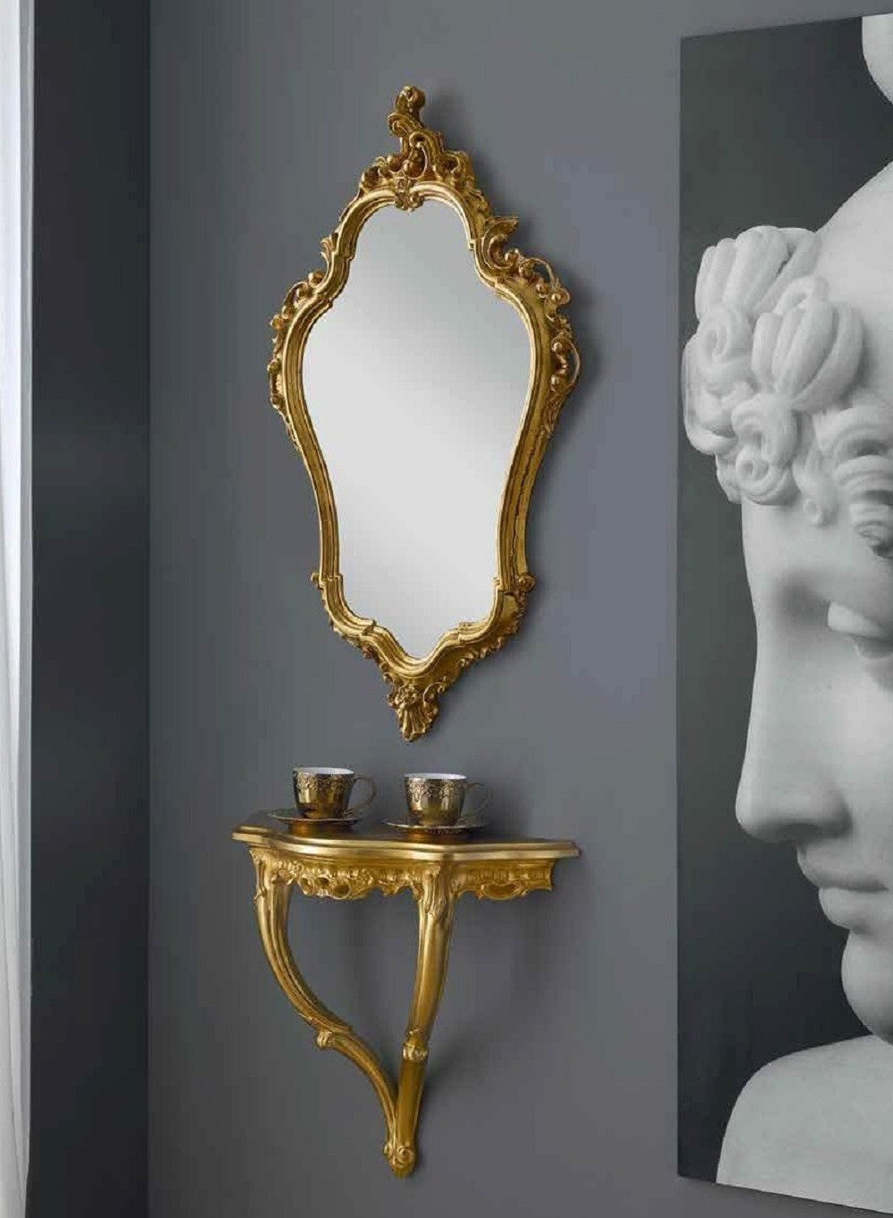 Consolle barocca sospesa con specchio in foglia oro