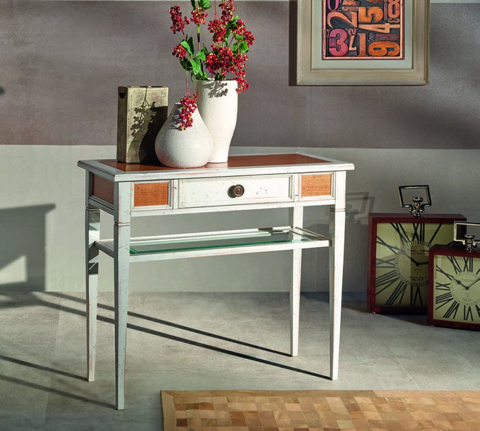 Consolle classica 1 cassetto ripiano vetro legno shabby 90x40x79 - Mobili 2G