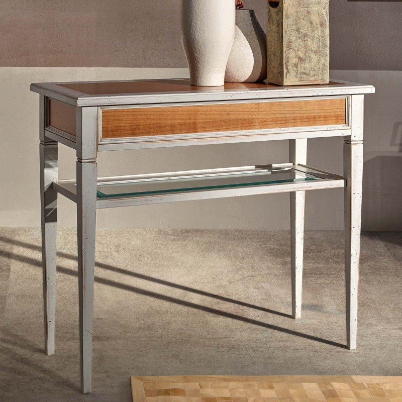 Consolle classica 1 cassetto ripiano vetro legno shabby 90x40x79 - Mobili 2G