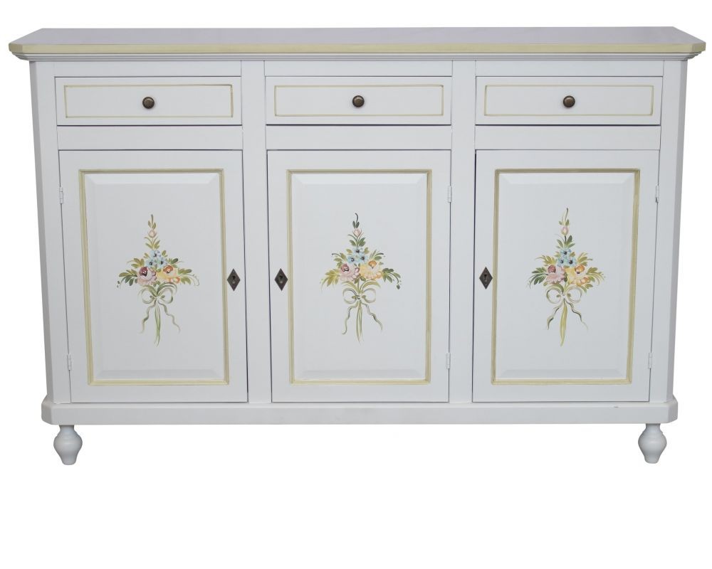 Credenza 3 ante legno bianca decorata filo verde 150x45x98 - Mobili 2G