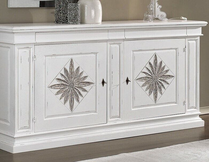 Credenza 2 porte 2 cassetti legno intarsio bianco shabby 230x57x113 - Mobili 2G